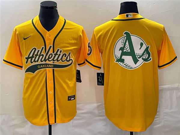 Men%27s Oakland Athletics Yellow Team Big Logo Cool Base Stitched Baseball Jersey 001